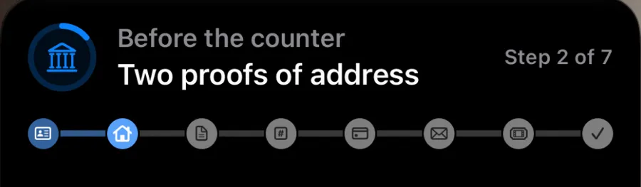 The same routine on the Lock Screen: Two proofs of address, step 2 of 7, on the same track.