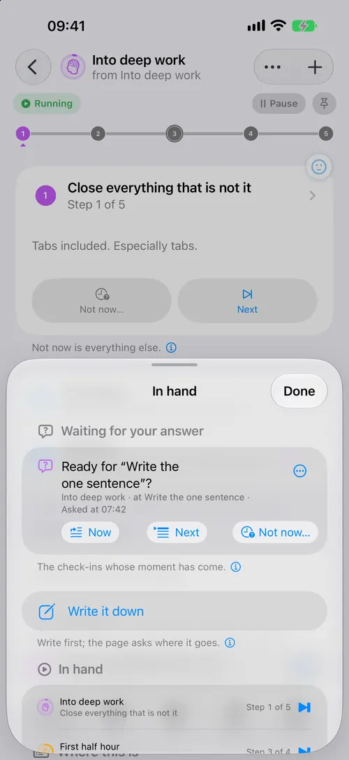 A step's check-in waiting in In hand, with its answers underneath.
