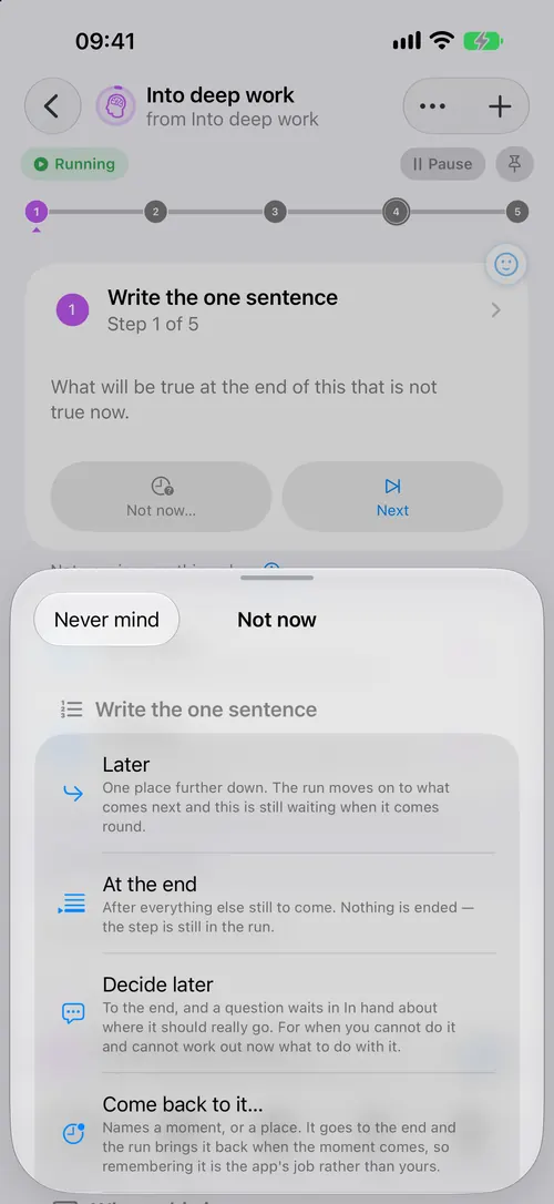 Not now… open on a step, each answer saying what it leaves behind.