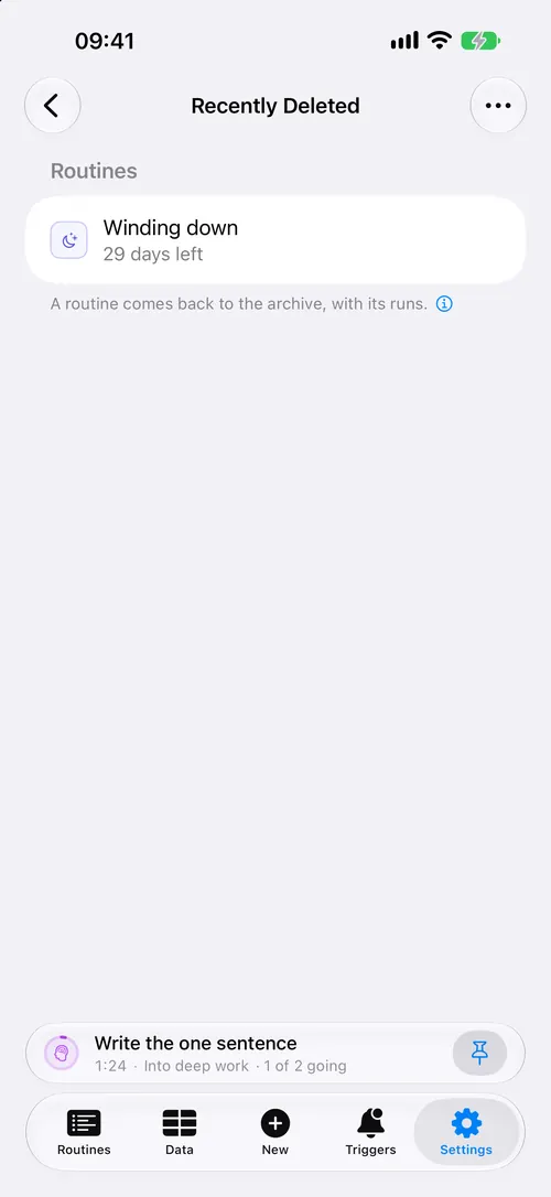 Recently Deleted with one routine in it, and the days it has left.
