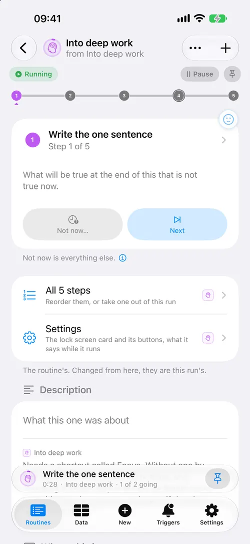 A run's page just after Start, with the step in hand and Next.