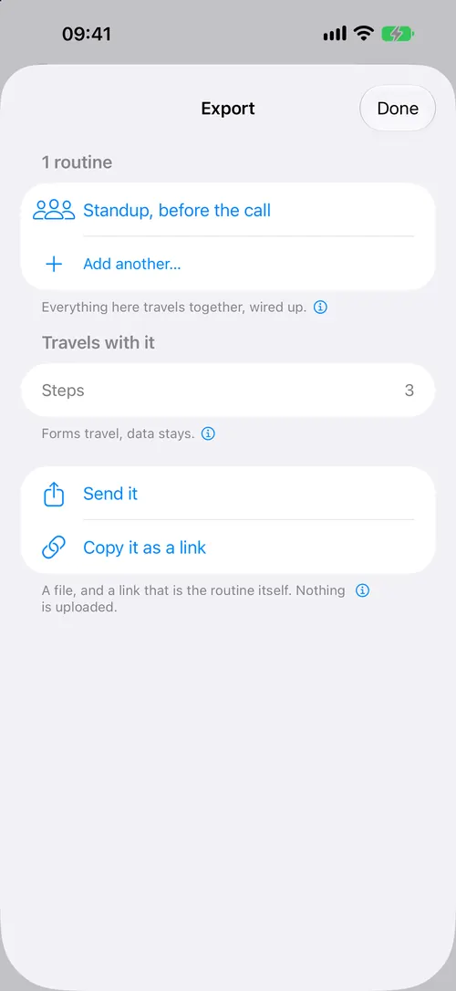 The Export page for one routine, with Send it and Copy it as a link.