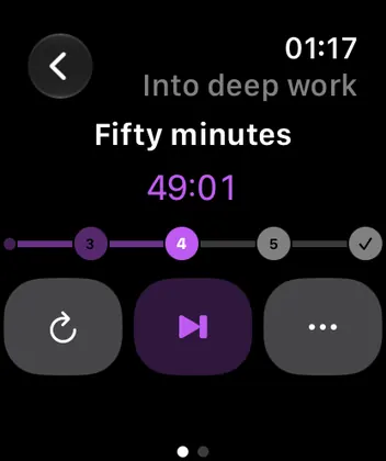 A run on the watch: the step, its timer, the beads and Next.